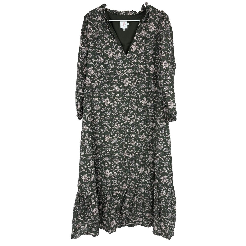 Hatch The Nines Women XL Maternity Floral Midi Dress Green Pink Ruffle Hem Vneck